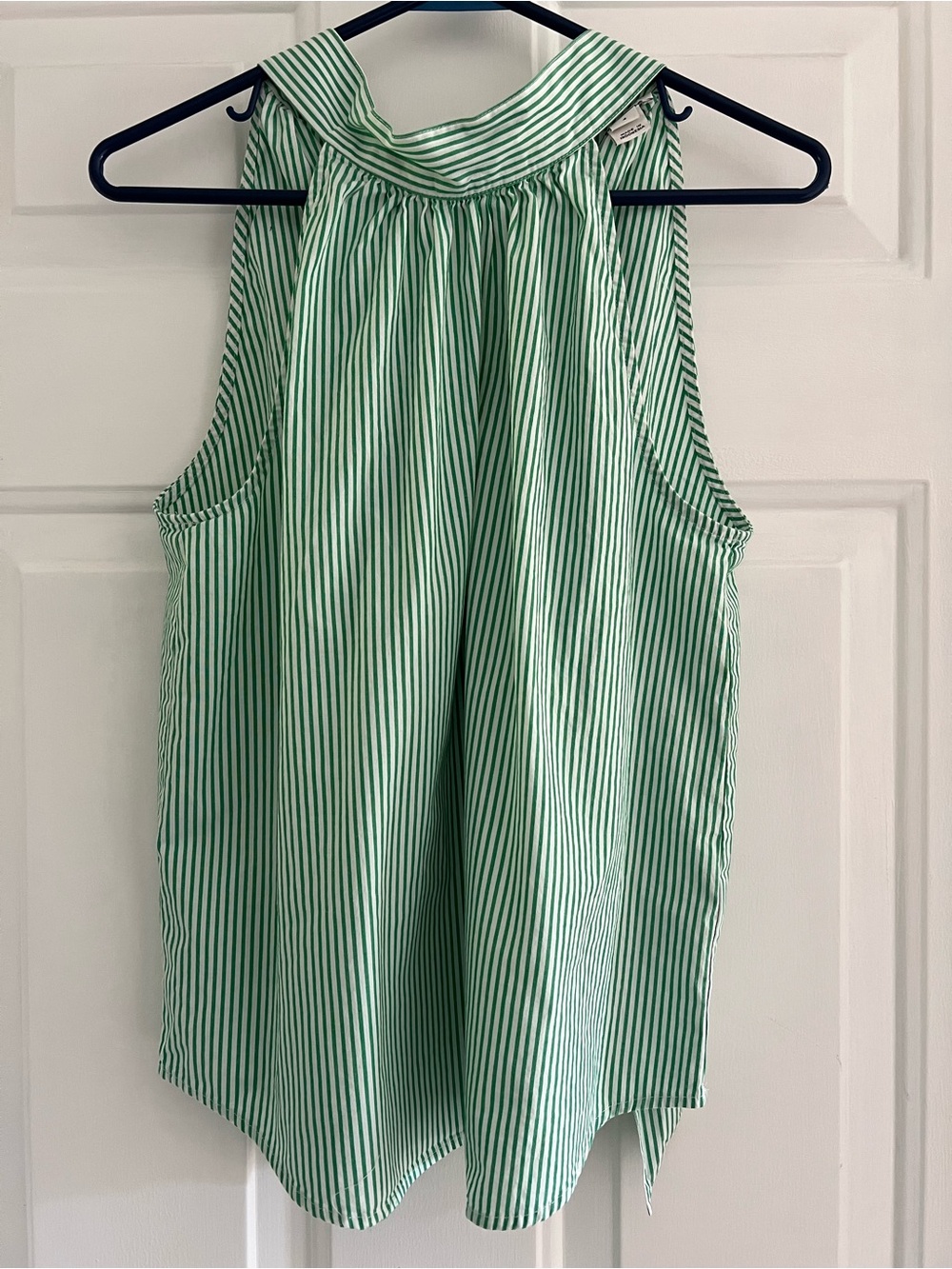 J. Crew Green and White Striped Tie-Neck Blouse
